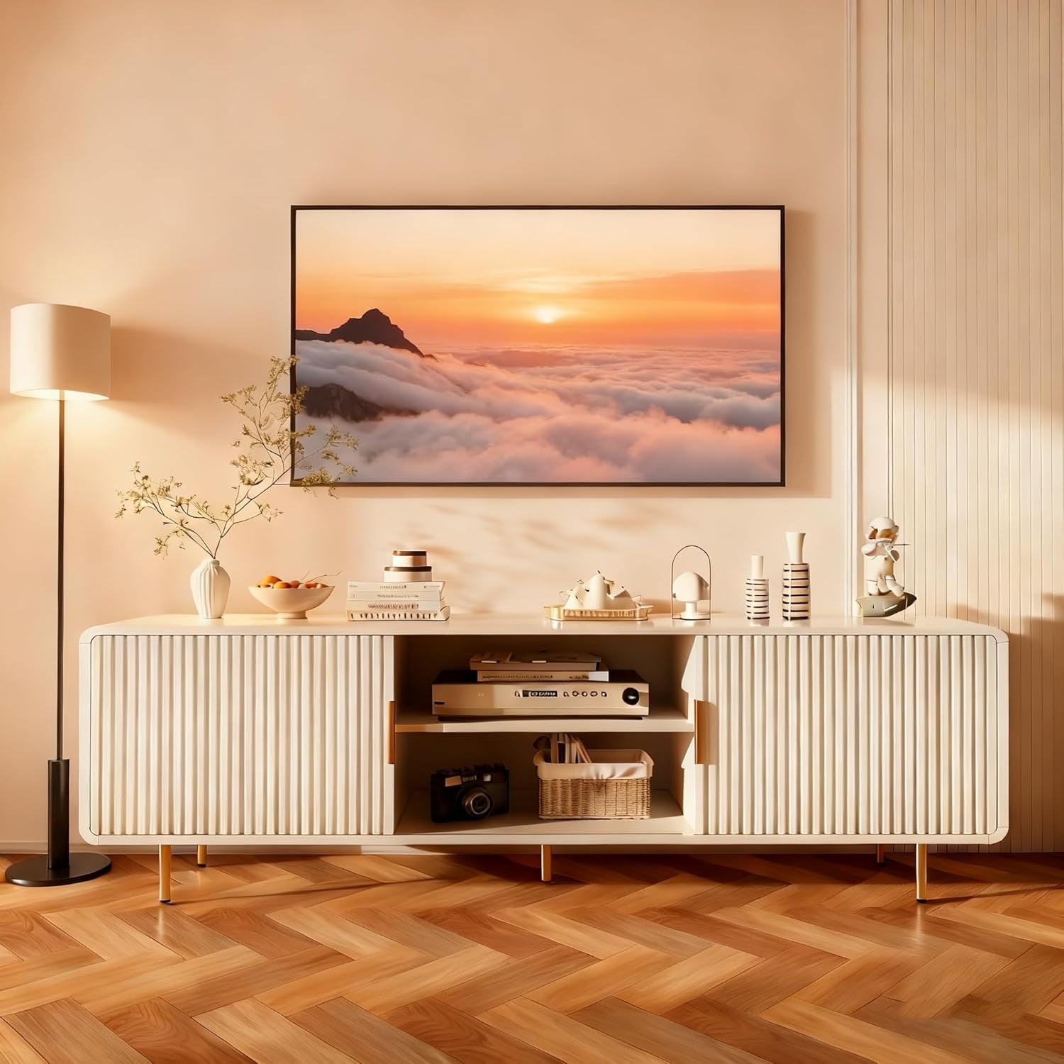 TV Stand for 65 Inch, Fluted Design with Curved Profile, Modern Console Table with Sliding Doors & Adjustable Shelves, White