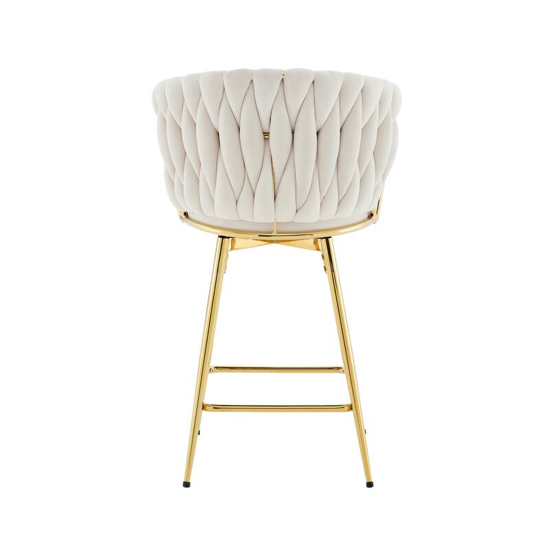 Set of 2 Modern Velvet Braided Bar Stools with Metal Frame & Woven Rope Backrest - Beige