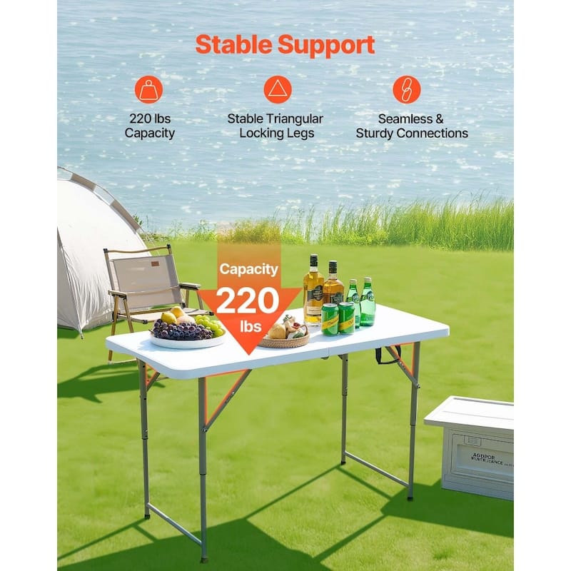 4ft White Portable Folding Camping Table with Adjustable Height for Picnic BBQ Party and Outdoor Use