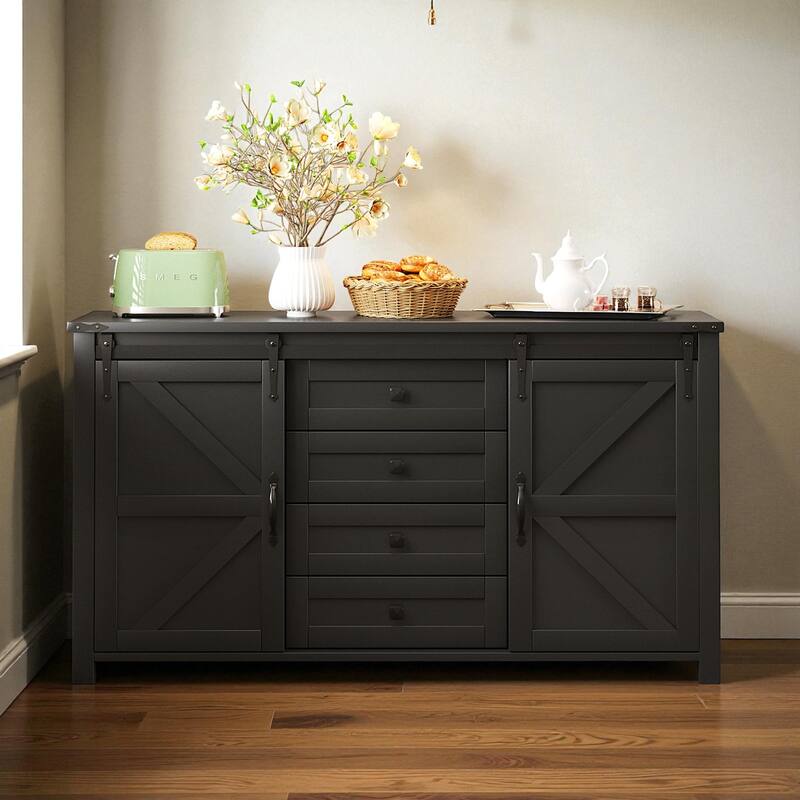 55.1-Inch Farmhouse Sideboard Buffet with Sliding Barn Doors, 4 Drawers & Power Outlet, Wood Storage Cabinet - Black