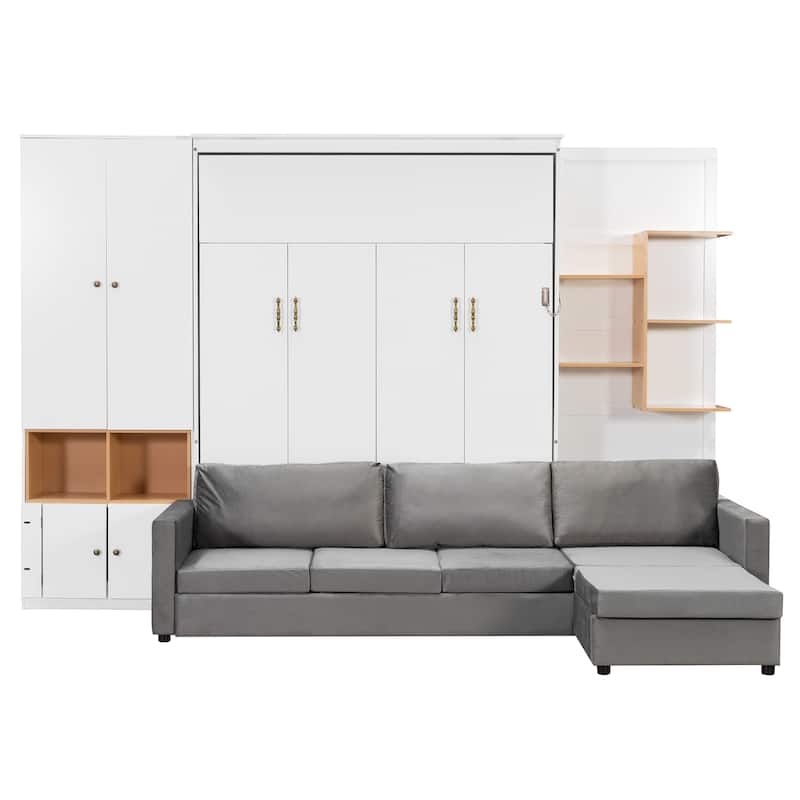 Queen Murphy Bed with Sofa and Cabinets Space Saving Sofa Wall Bed with Open Shelves and Dual Lights for Living Room Guest Room