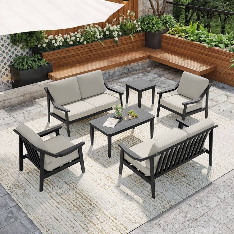 6-piece Wood Patio Chat Set Teak Conversation Set with Cushion - Light Camel - Black Wood