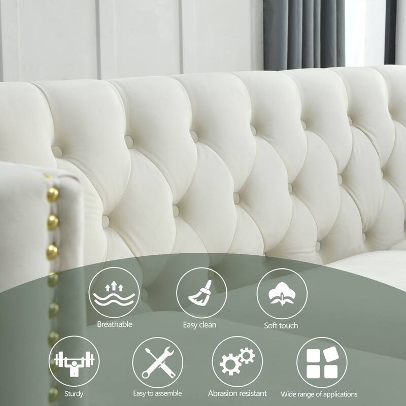 Modern Velvet Chesterfield Sofa for Living Room, Button-Tufted 3-Seater Couch with Square Arms and Metal Legs