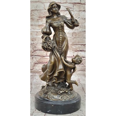 Young Woman W/ Flower Basket Winged Cherub Child - Bronze Sculpture By Milo