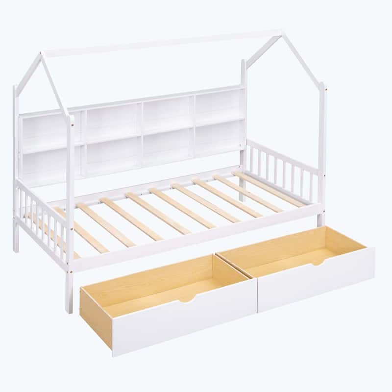 Comfortable Wooden House Bed with 2 Drawers,Kids Bed with Storage Shelf