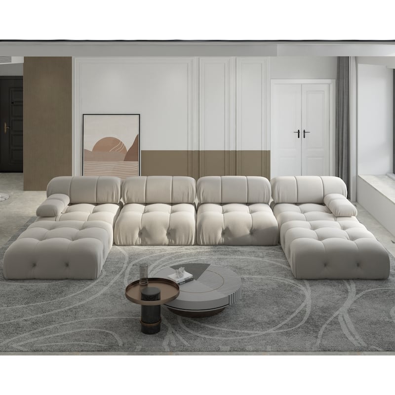 6-Seat Velvet Upholstered Symmetrical U-Shaped Sectional Sofa - Beige