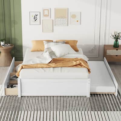 Wood Platform Bed Full Storage Bed with Twin Trundle and 2 Drawers