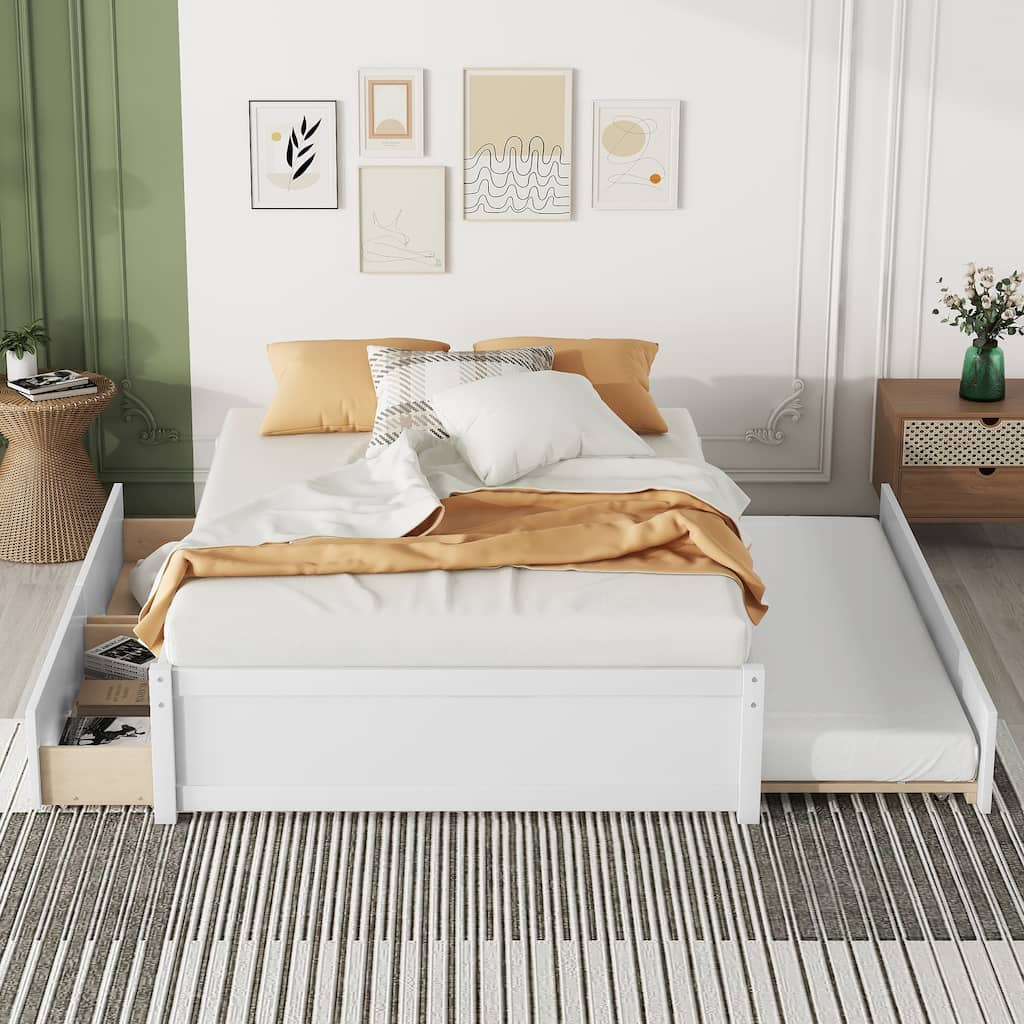 Wood Platform Bed Full Storage Bed with Twin Trundle and 2 Drawers