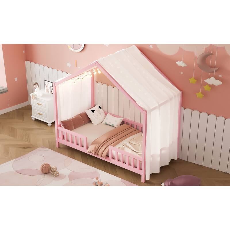 Montessori Floor Bed with Canopy, Twin Bed Frame for Kids, House Shape Toddler Bed Frame with High Railings,Twin