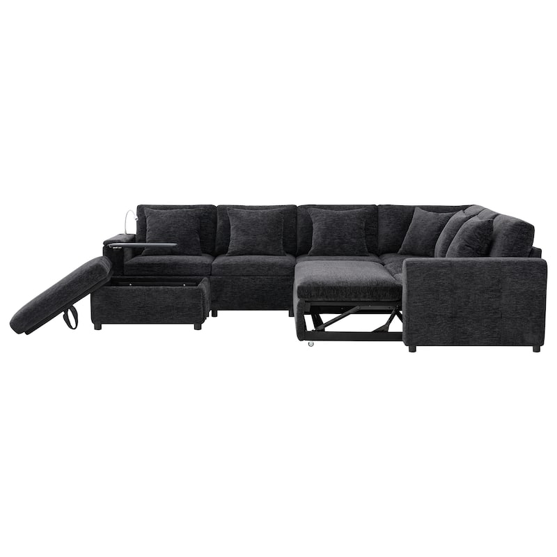 Roomfitters 117"x90" Modular Sectional Sofa Bed with Pull-Out Design, Flip-Up Table, Charging Ports, Storage Ottoman