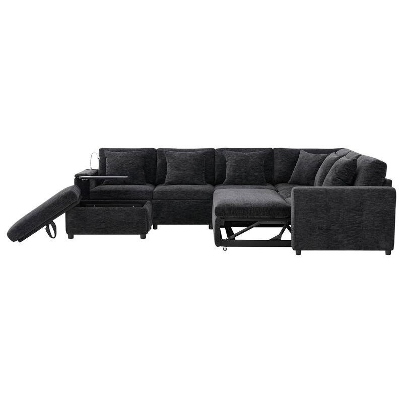 Tufted Chenille Sectional Sofa with Pull-out Bed, Flip-up Table Panel, Reading Lamp, Charging Ports, Storage Ottoman, 6 Pillows