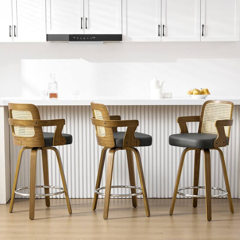 Upholstered Swivel Barstool with Arms and Bentwood Legs - 40.8"H x 18.9"W x 19.5"D/19.3"D