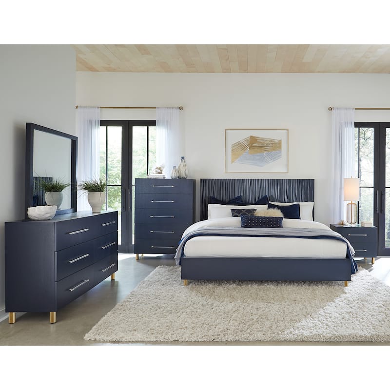 Argento Two Drawer USB Charging Nightstand in Navy Blue and Burnished Brass