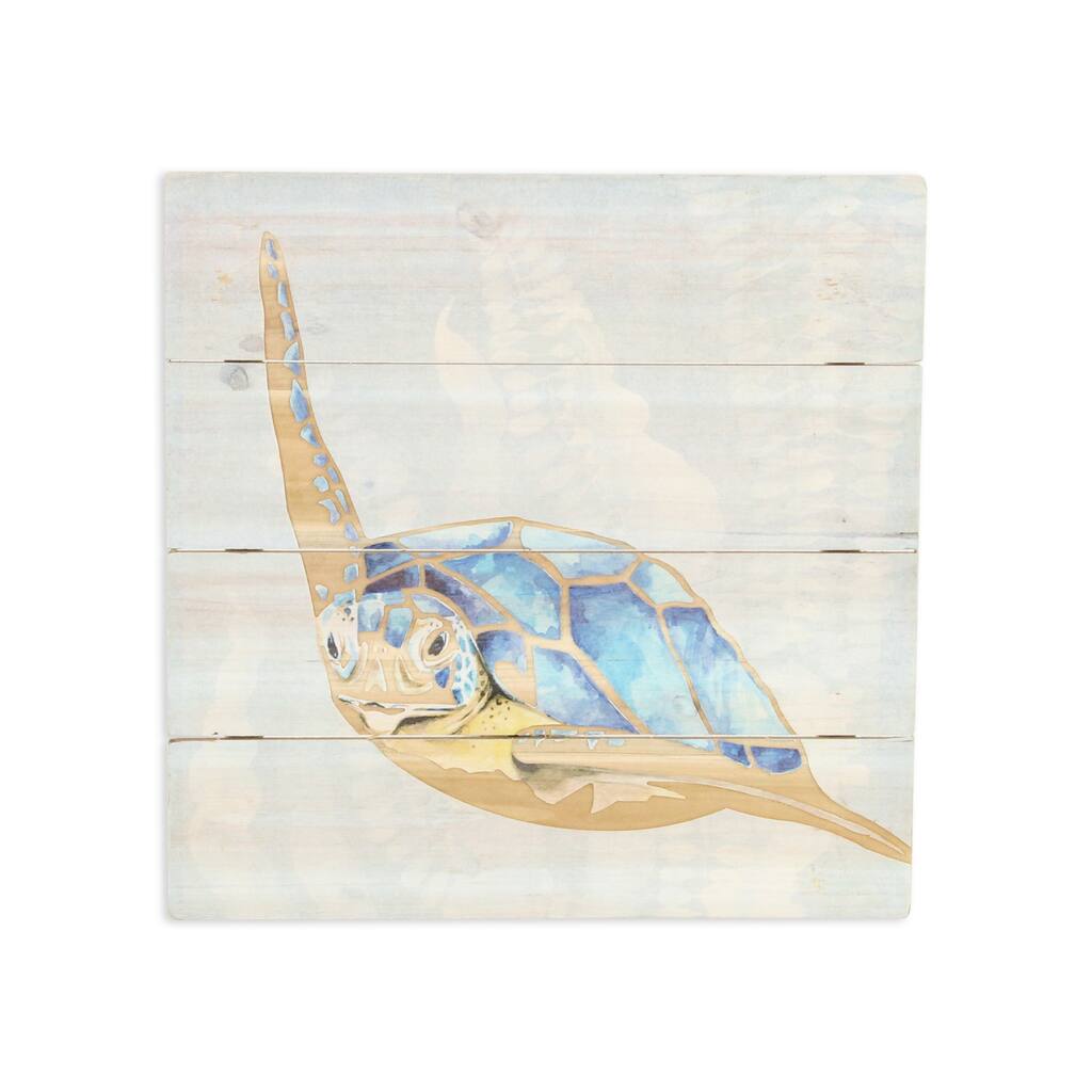 Swimming Sea Turtle Wooden Wall Art - Blue and Beige - 15.75" x 15.75"