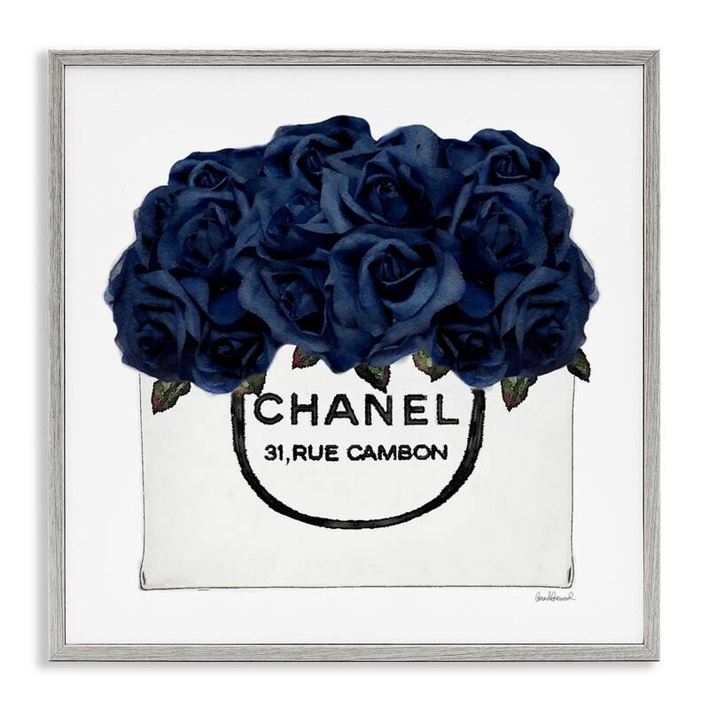 Stupell Chic Navy Blue Roses in Glam Fashion Bag Framed Wall Art - 24 x 24 - Grey