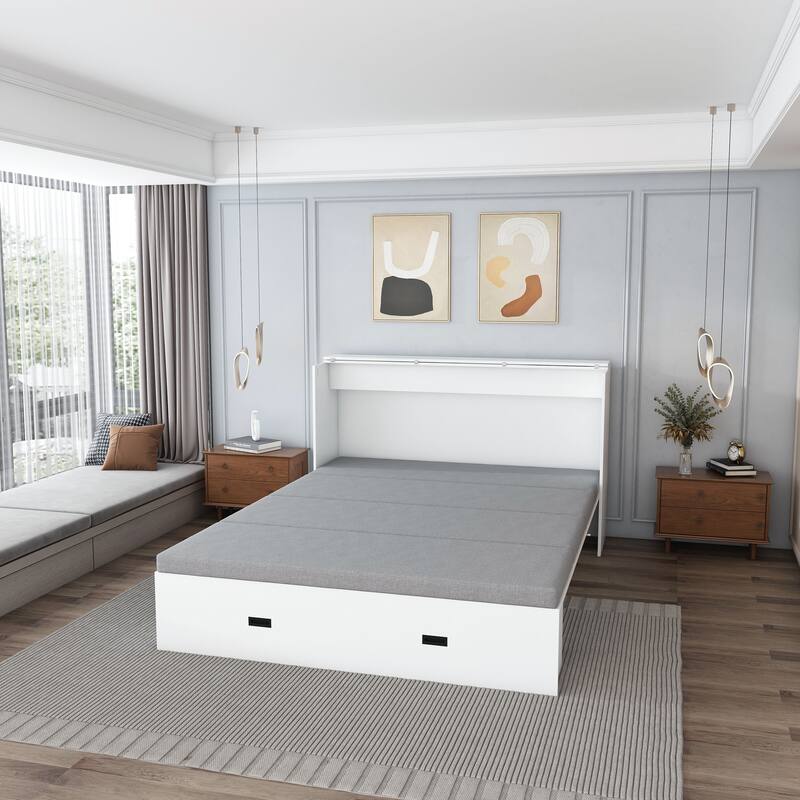 57" Murphy Bed with Storage Drawers & Charging Cabinet - Folding, Wheeled & Noise-Free for Guest Room, Living Room, Office