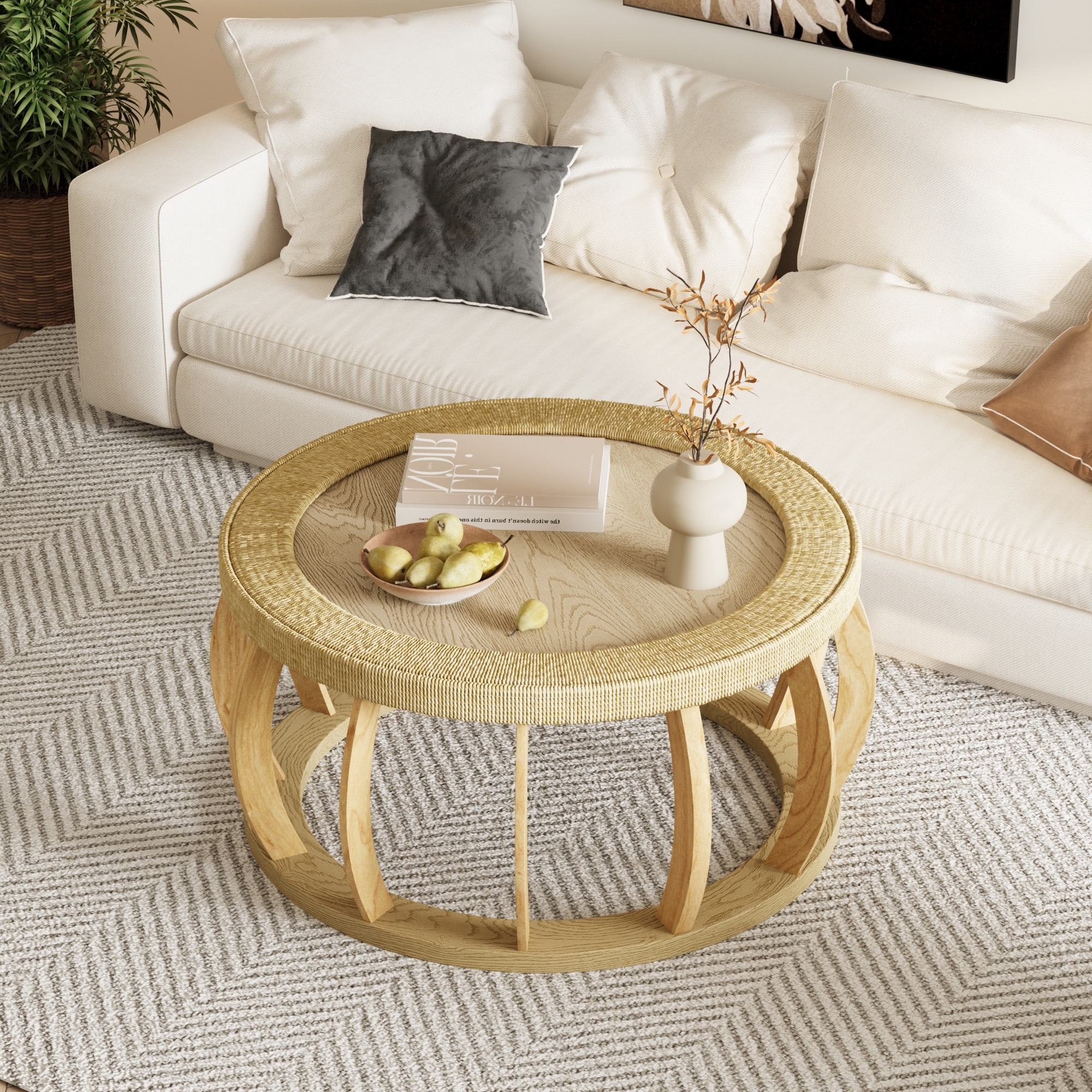Vintage Round Coffee Table Accent Table for Living Room Kitchen, Natural Side Table Sofa Table Center Table