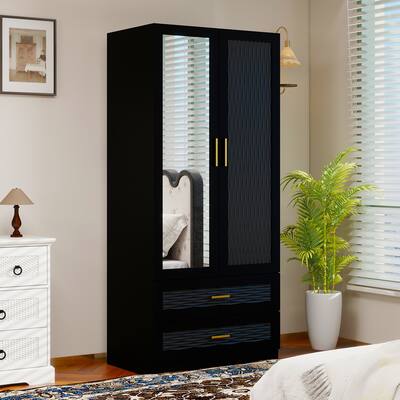 2 Door Armoire Wardrobe Closet with Drawer and Hanging Rod, Wooden Black Bedroom Armoire