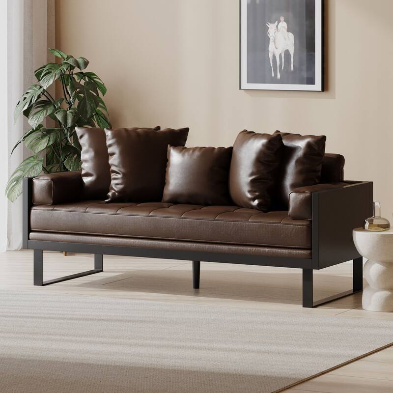 Dark Brown PU Loveseat with Contemporary Design and Accent Pillows