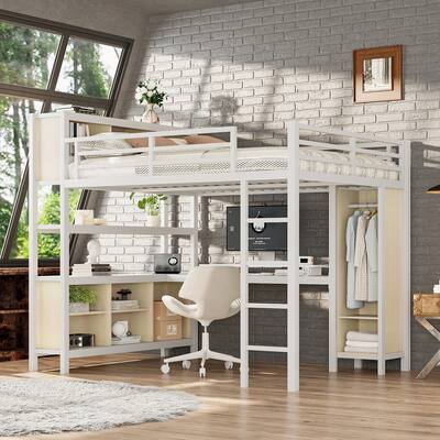 Metal Loft Bed with Wardrobe And L-shaped Desk,Queen Size Loft Bed with Storage Cubes and Shelves,Heavy Duty Loft Bed
