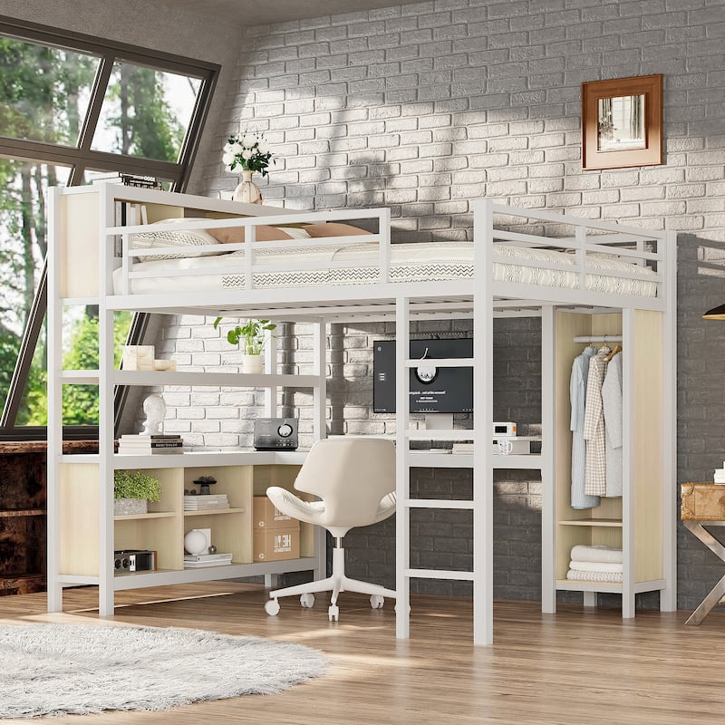 Queen Size Wood-grain Metal Loft Bed with L-Shaped Desk, Wardrobe and 4 Storage Cubes - White Straight Grain