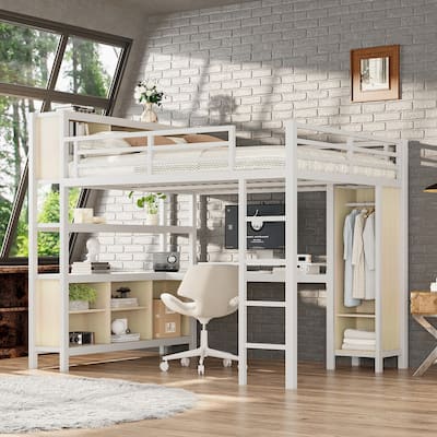 Queen Size Wood-grain Metal Loft Bed with L-Shaped Desk, Wardrobe and 4 Storage Cubes
