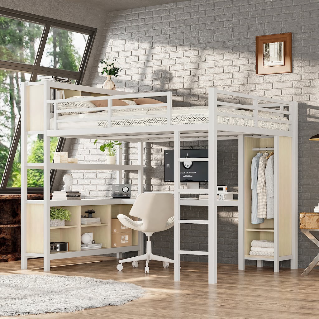 Queen Size Wood-grain Metal Loft Bed with L-Shaped Desk, Wardrobe and 4 Storage Cubes