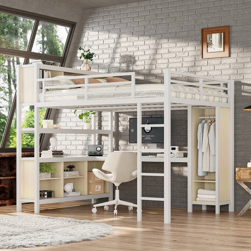 Roomfitters Queen Size Metal Loft Bed with L-Shaped Desk, Wardrobe, Storage Cubes & Shelves, Heavy-Duty Frame - White Straight Grain - Queen