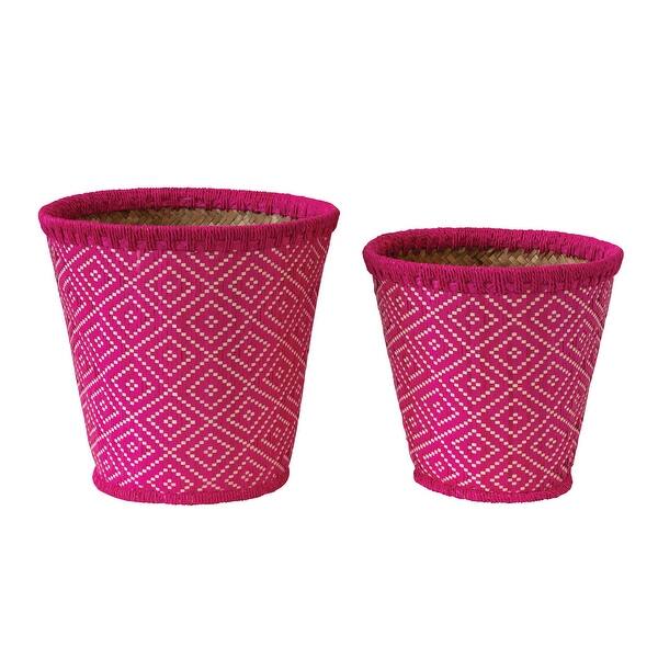 slide 2 of 5, Hand-Woven Seagrass Baskets with Pattern, Fuchsia, Set of 2