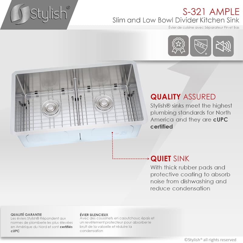 STYLISH 32 inch L x 18 inch W Stainless Steel Double Basin Low Divider Undermount Kitchen Sink with Grids and Strainers