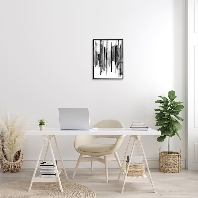 Stupell Vertical Black Ink Strokes Abstract Watercolor Over White Framed Wall Art