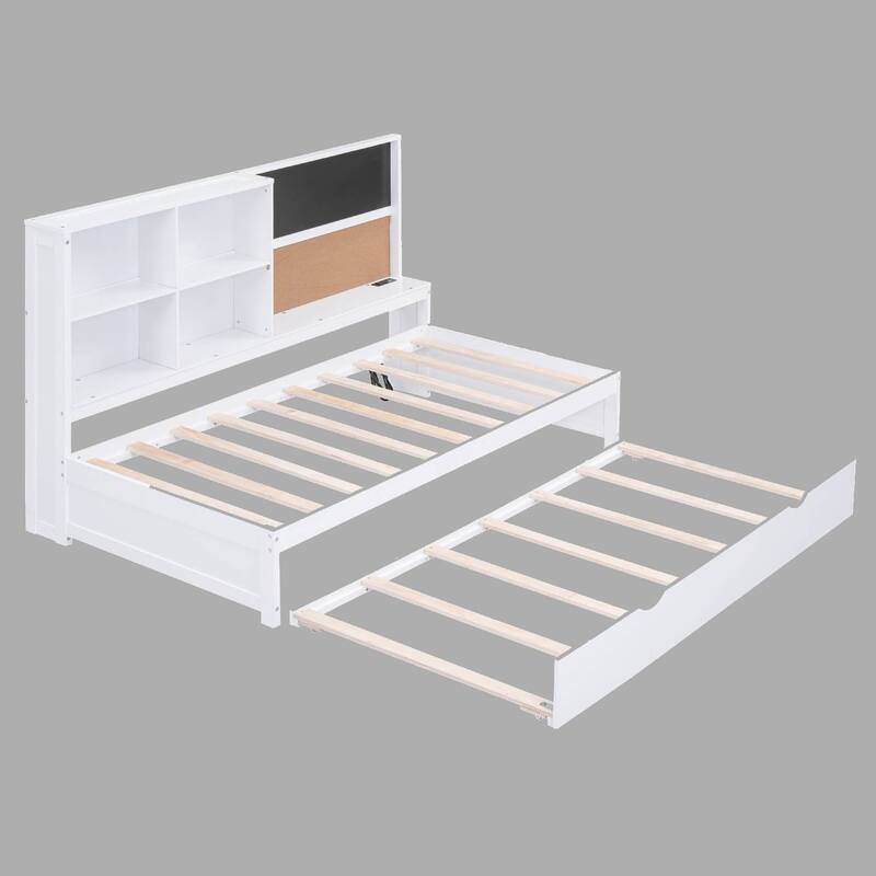 Full or Twin Size Daybed with Built-in Storage, Corkboard, USB Charging Ports, and Trundle - White - Twin