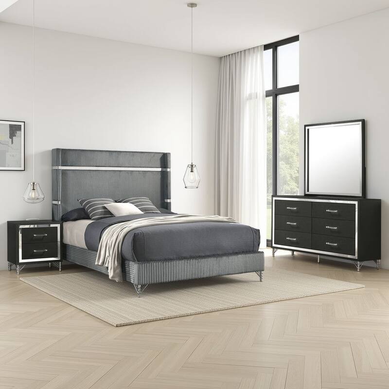 Jenny 4pc Queen Size Bed Set, Gray Velvet Upholstery, Chrome, Black