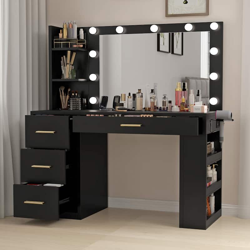 Moasis 40" Makeup Vanity with Mirror and Lighted ,Vanity Table with Power Outlet and 4 Drawers & Storage Shelves - Black
