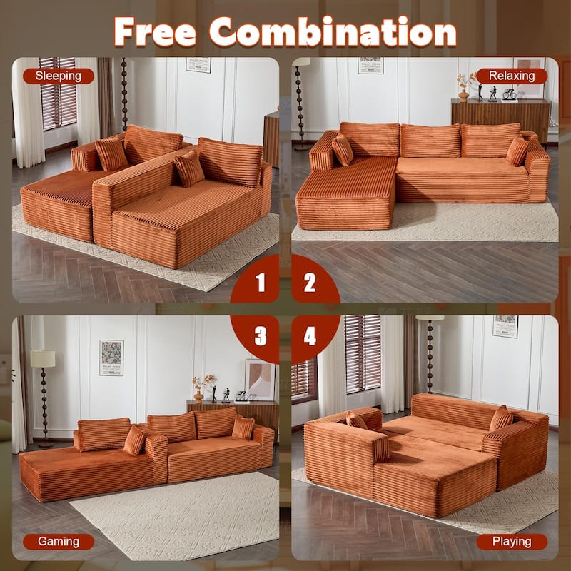 Modular L Shaped Sectional Sofa with Chaise Lounge, Corduroy Upholstered Boneless Sleeper Sofa, Compression Sofa with Deep Seat