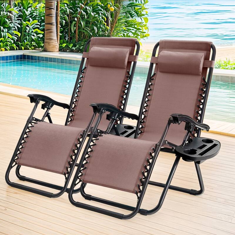 Set of 2 Zero Gravity Recliner Lounge Chairs with Cup Holders, Folding Patio Camping Beach Chairs for Outdoor Relaxation