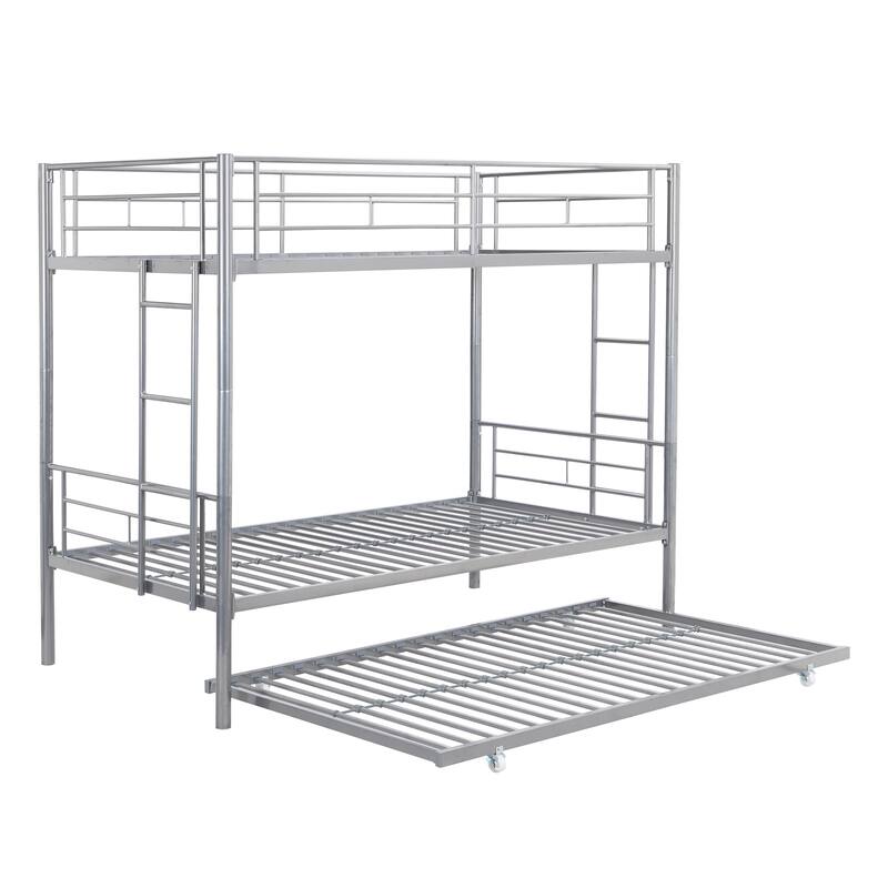Twin Over Twin Bunk Bed with Trundle, Convertible Metal Bunkbeds with 2 Ladders and Guardrails, Space Saving, No Box Spring