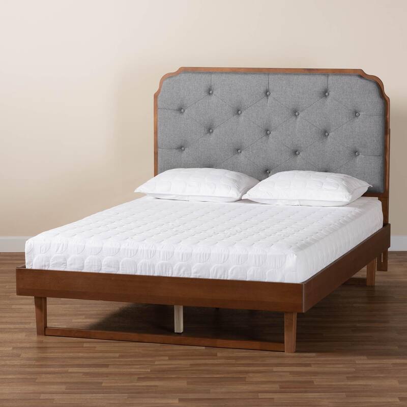 Roald Mid-Century Modern Grey Fabric and Walnut Brown Wood Queen Size Platform Bed