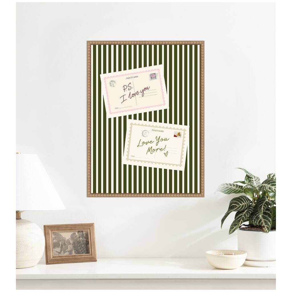 Kate and Laurel Vintage Postcard Print, Love You More, Striped Green Wall Art by Lucky Guava Framed Canvas Wall Art Print