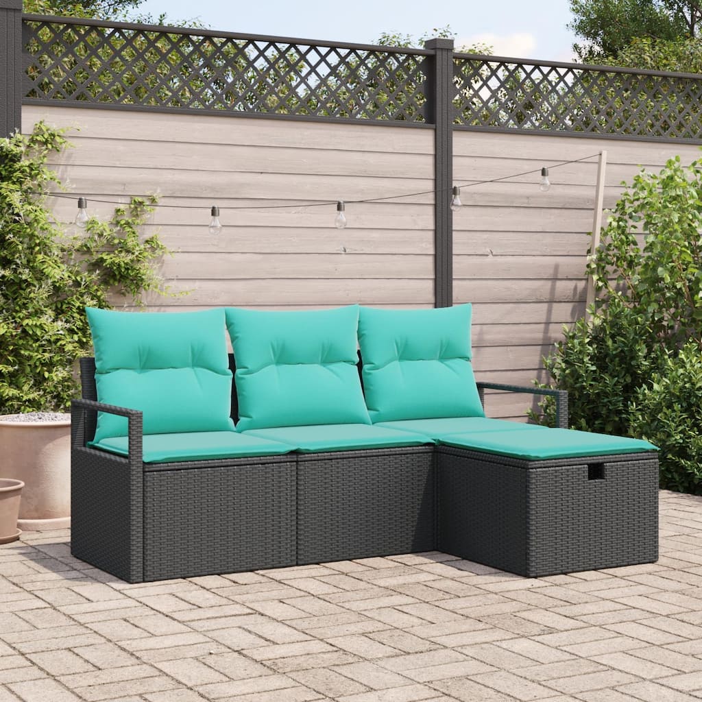 vidaXL 4 Piece Garden Sofa Set with Cushions Black Poly Rattan - 68.9×46.1×27.2