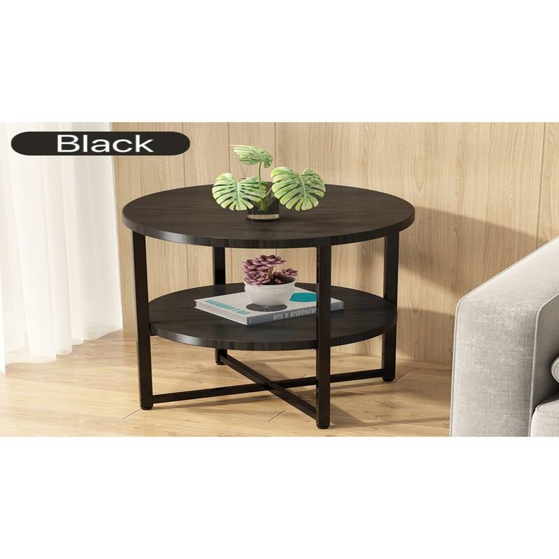 Black Round Side Table 2 Tier Multi Functional Coffee Table Nightstand and Plant Stand for Small Spaces - N/A