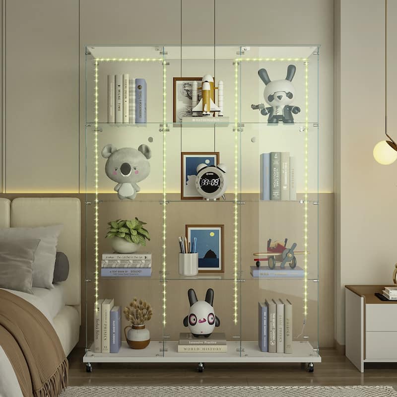 Glass Display Cabinet,Wine Cabinet,File Cabinet with Bluetooth LED Light Strips,Tempered Glass Top, Lock on Door Wheels