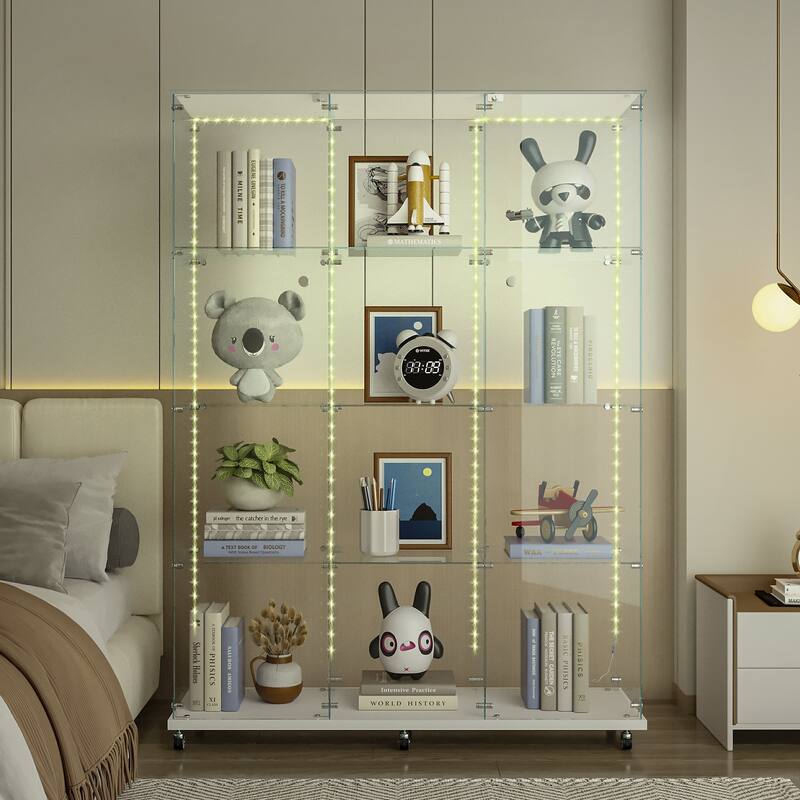 Tempered Glass Display Cabinet, File Cabinet with Bluetooth LED Light Strips,Tempered Glass Top, Lock on Door Wheels