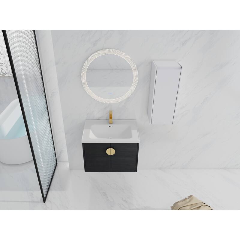 28" Floating Bathroom Vanity with Ceramic Sink, Soft-Close Doors, Wall-Mounted Side Cabinet, Black Chestnut
