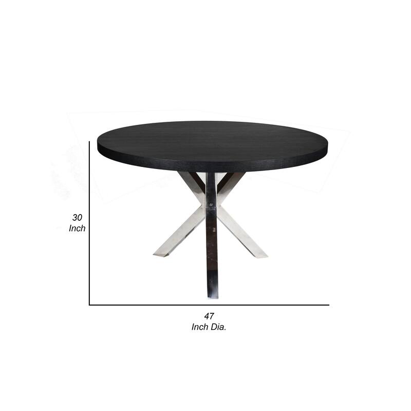 Emi 47 Inch Round Dining Table, X- Cross Metal Base, Black Wood, Silver