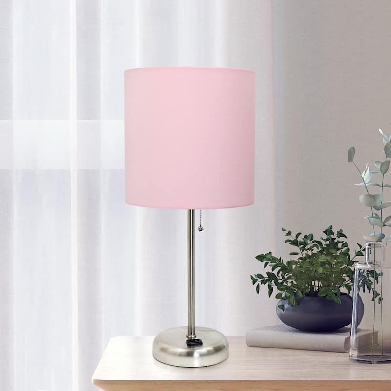 Brushed Steel Bedside Table Desk Lamp with Drum Shade - 19.5" - Silver and Pink