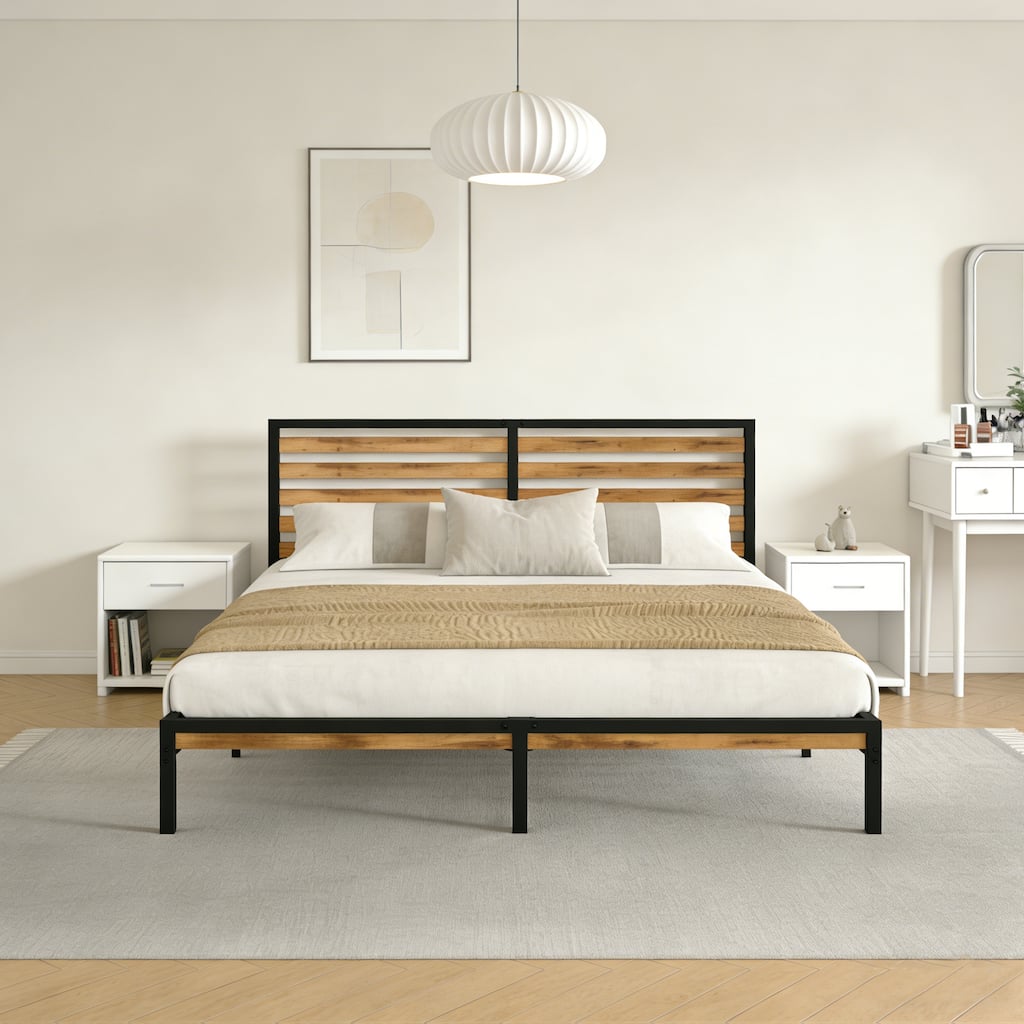 Queen Size Platform Bed Frame with Wood Headboard & Slats