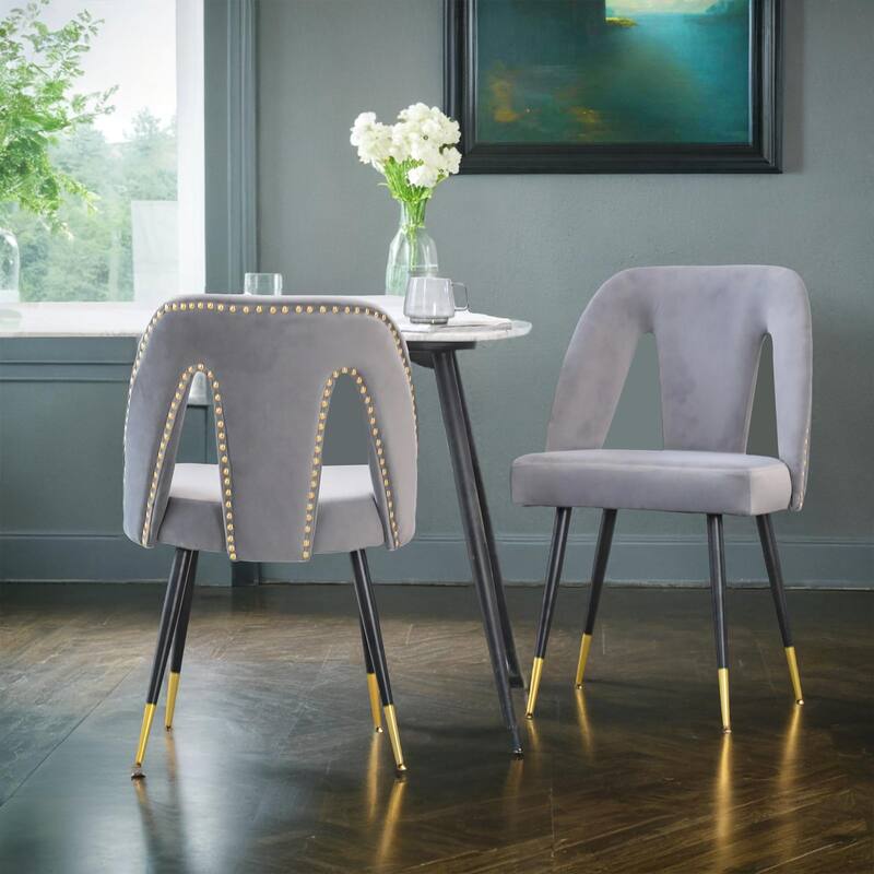 Akoya Collection Modern | Contemporary Velvet Upholstered Dining Chair with Nailheads and Gold Tipped Black Metal Legs - Gray