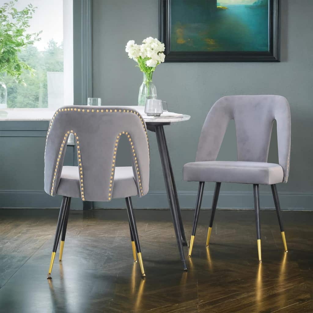Akoya Collection Modern | Contemporary Velvet Upholstered Dining Chair with Nailheads and Gold Tipped Black Metal Legs