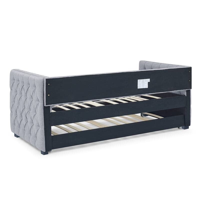 Anmytek Twin Size Upholstered Daybed Sofa Bed - Trundle Button Tufted Square Arms Copper Nails